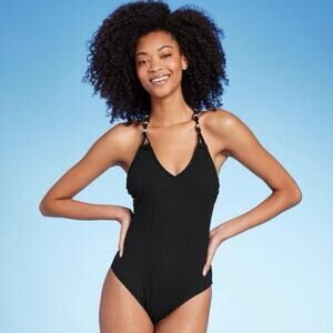 Shade & Shore Black Ribbed Beaded One Piece Swimsuit Womens Size XS